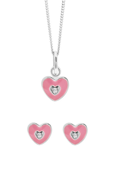 Kids Sterling Silver Pink Enamel Cubic Zirconia Heart Pendant & Stud Earring Set