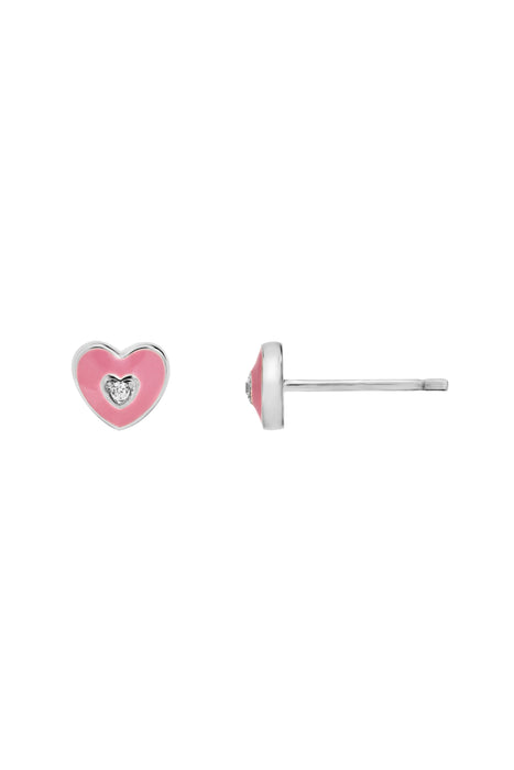 Kids Sterling Silver Pink Enamel Cubic Zirconia Heart Pendant & Stud Earring Set