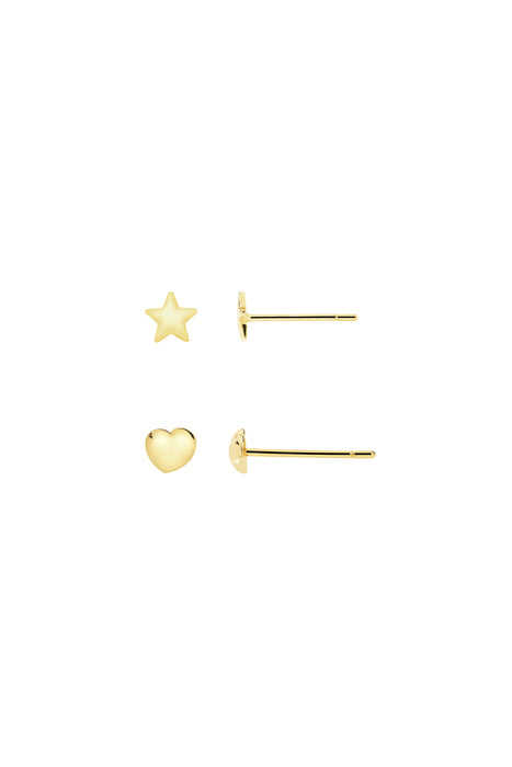 Kids 9ct Yellow Gold Set of Two 4mm Heart & Star Stud Earrings