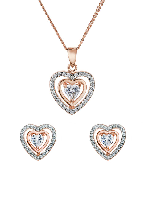 Sterling Silver Cubic Zirconia Heart Pendant & Stud Earring Set