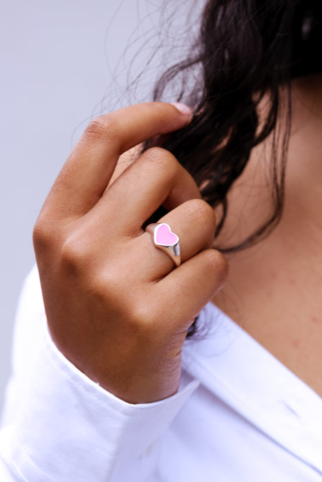 Sterling Silver Pink Enamel Heart Signet Ring