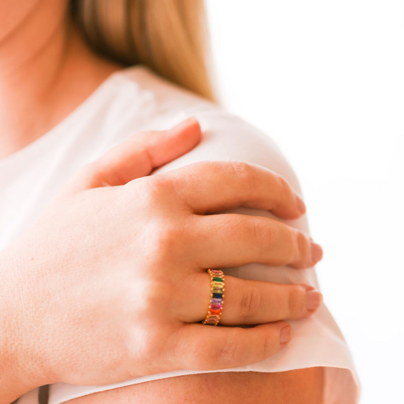 Gold Plated Sterling Silver Multi-Colour Cubic Zirconia Band Ring