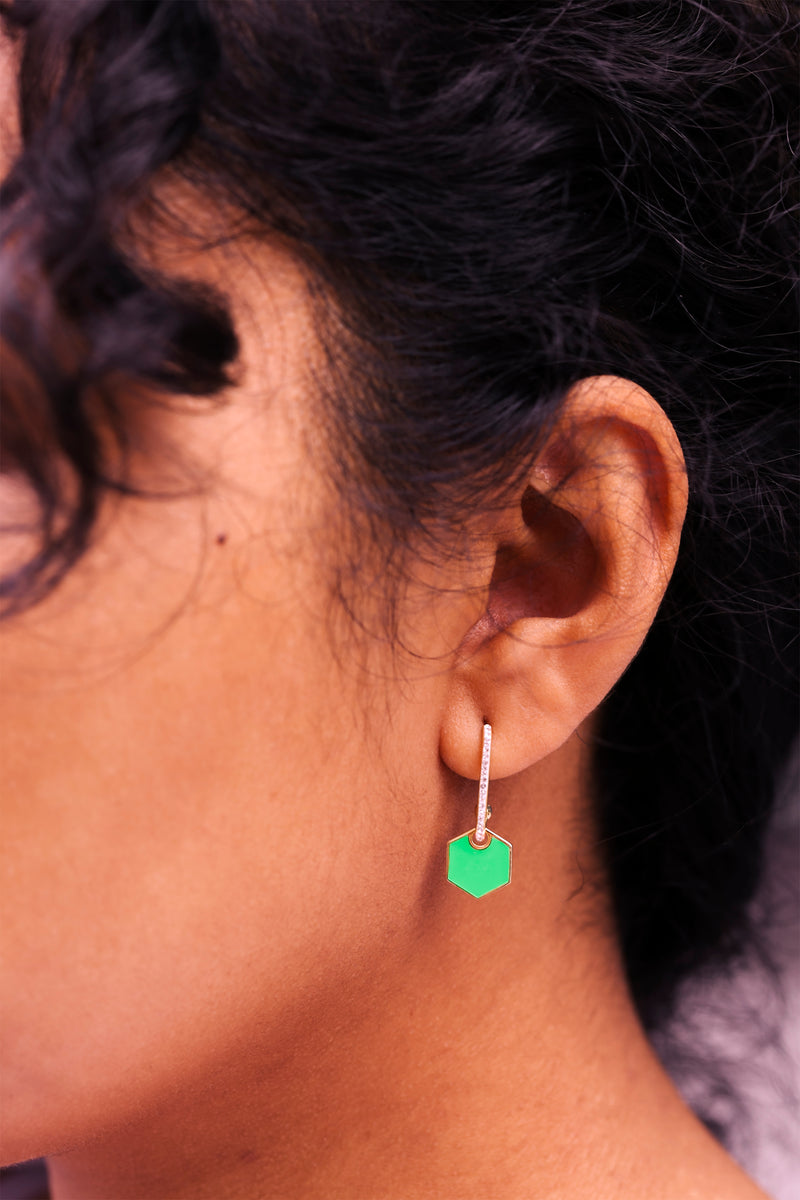 Gold Plated Sterling Silver Green Enamel & Crystal Hexagon Stud Earrings