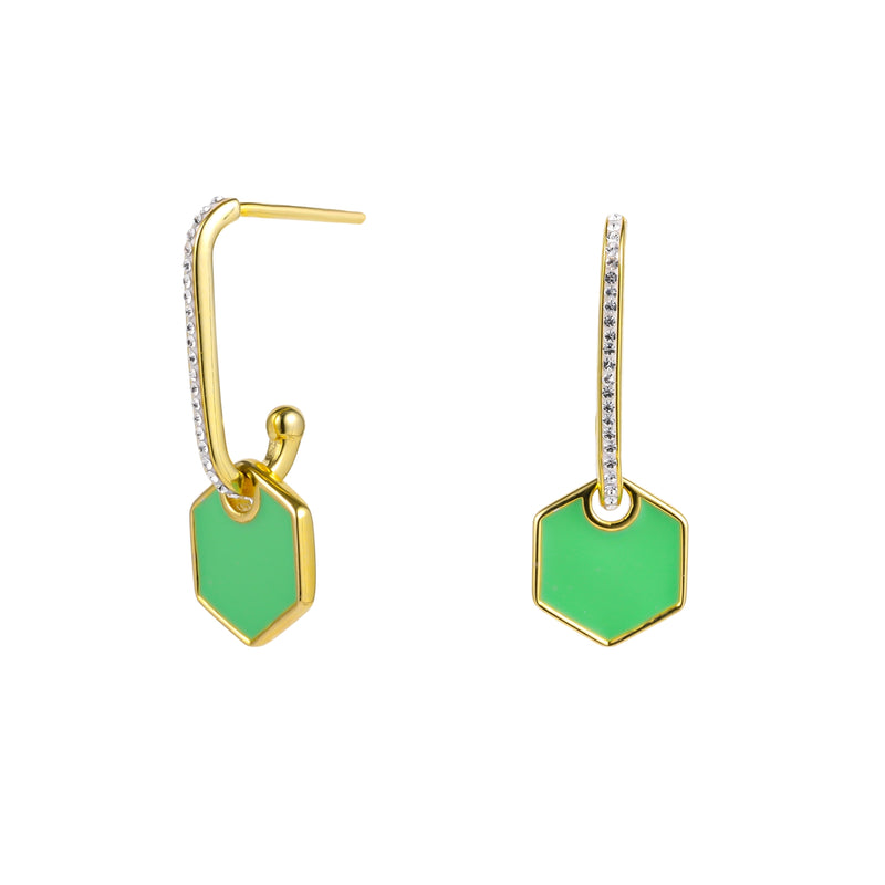 Gold Plated Sterling Silver Green Enamel & Crystal Hexagon Stud Earrings