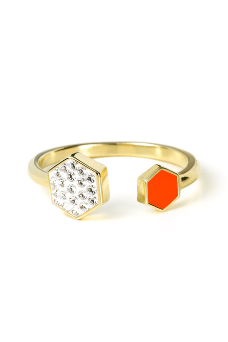 Sterling Silver Gold Plated Orange Enamel & Crystal Open Ring