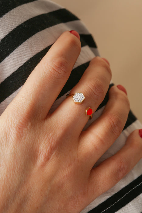 Sterling Silver Gold Plated Orange Enamel & Crystal Open Ring