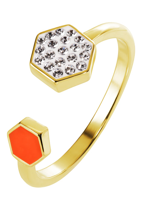 Sterling Silver Gold Plated Orange Enamel & Crystal Open Ring