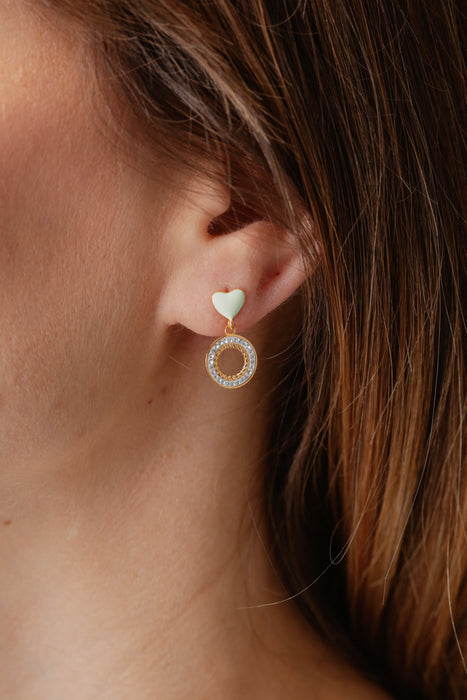 Gold Plated Sterling Silver White Enamel & Crystal Heart Stud Earrings