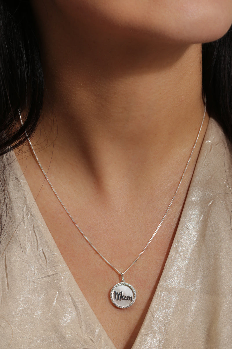 Sterling Silver Mother of Pearl & Cubic Zirconia MUM Pendant Necklace 16+2 Inches