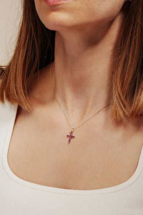 9ct Yellow Gold Amethyst Cross Pendant 18 Inches