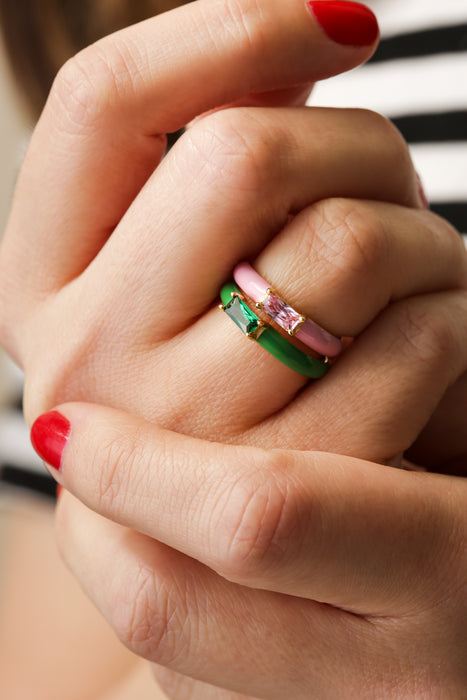 Sterling Silver Gold Plated Pink Enamel & Cubic Zirconia Stacker Ring