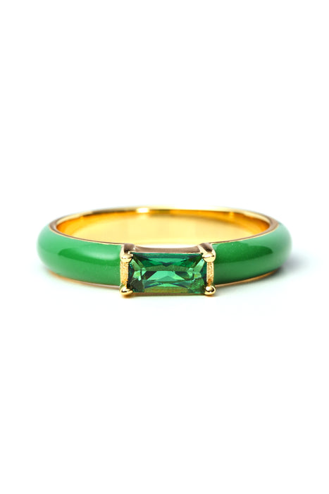 Sterling Silver Gold Plated Green Enamel & Cubic Zirconia Stacker Ring