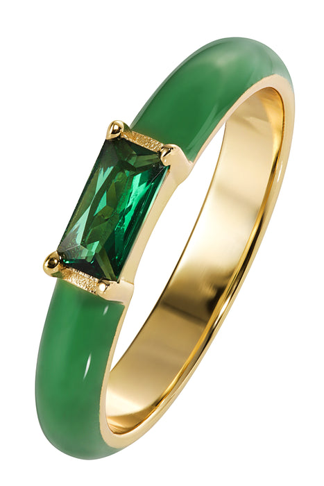 Sterling Silver Gold Plated Green Enamel & Cubic Zirconia Stacker Ring