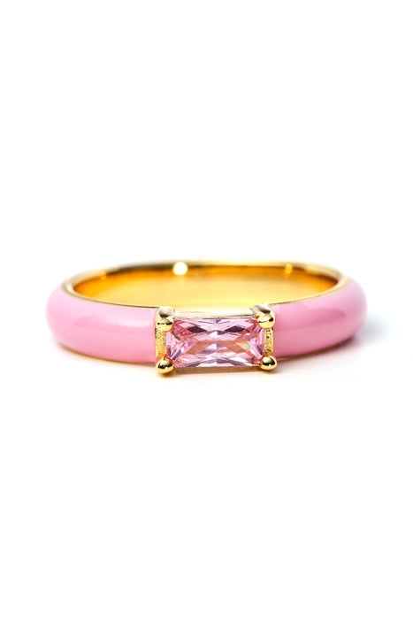 Sterling Silver Gold Plated Pink Enamel & Cubic Zirconia Stacker Ring