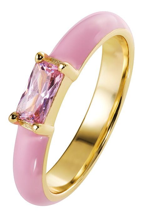 Sterling Silver Gold Plated Pink Enamel & Cubic Zirconia Stacker Ring