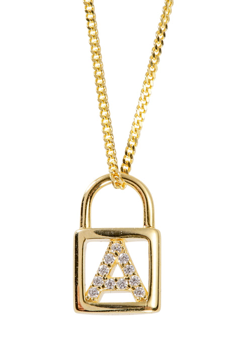 Sterling Silver Gold Plated Cubic Zirconia Padlock Initial Pendant