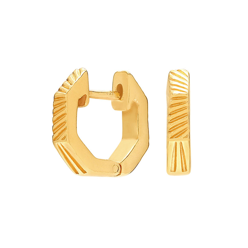 Gold Plated Sterling Silver Hexagonal Grooved Huggie Hoop Earrings