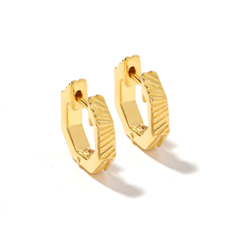 Gold Plated Sterling Silver Hexagonal Grooved Huggie Hoop Earrings