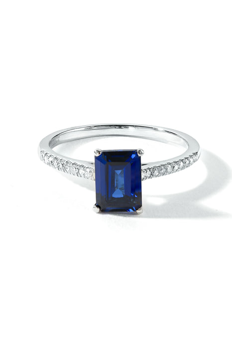 9ct White Gold Created Blue Sapphire and 0.10ct Diamond Ring