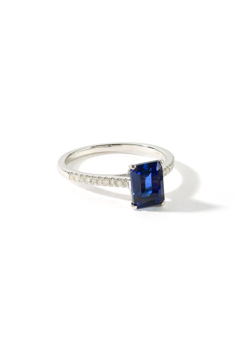 9ct White Gold Created Blue Sapphire and 0.10ct Diamond Ring