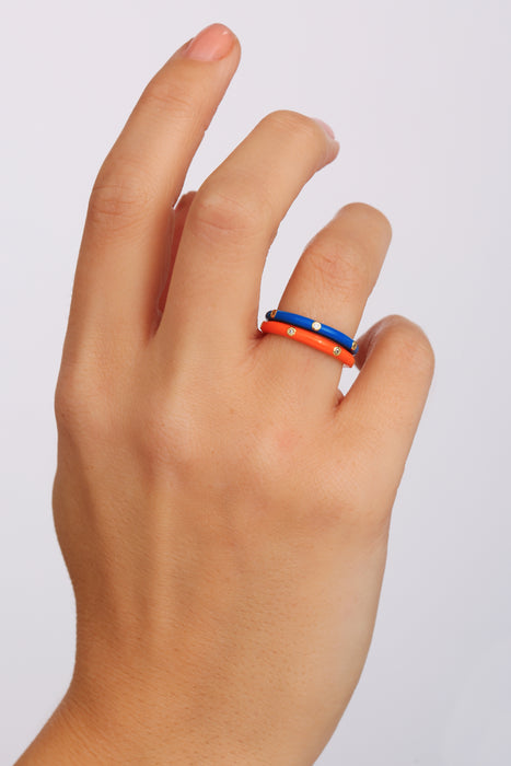 Sterling Silver Gold Plated Crystal Orange Enamel Stacker Ring