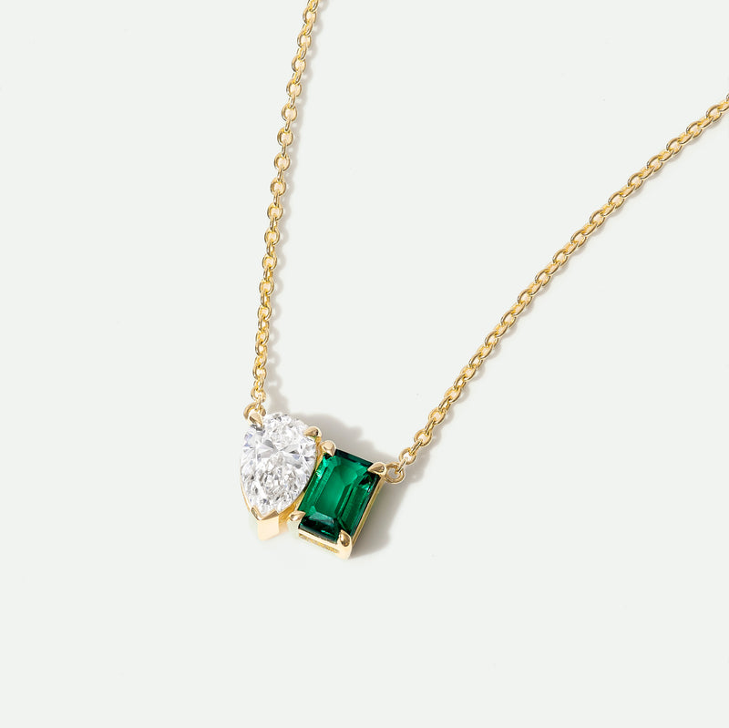 Elise - 9ct Yellow Gold 0.75ct Lab Grown Diamond and Created Emerald Toi et Moi Necklace - image 1