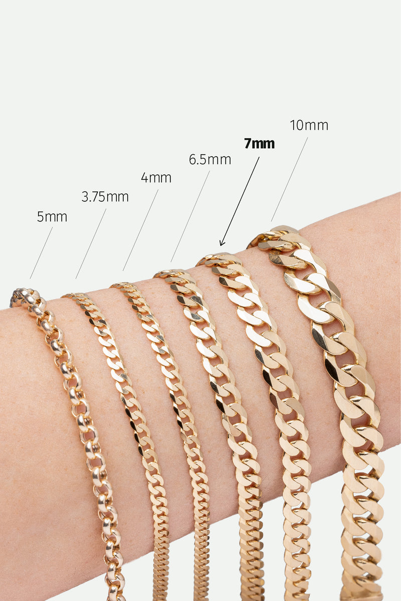 9ct Yellow Gold Solid Curb Chain Bracelet (7mm) 8.25 inch