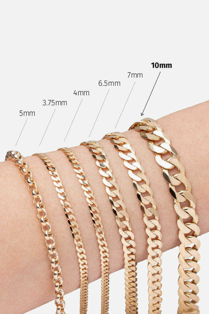 9ct Yellow Gold Solid Curb Chain Bracelet (10mm) 8.25 inch