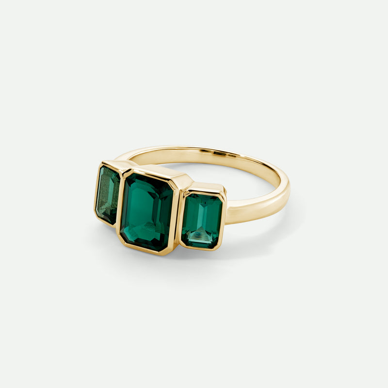Cleo - 9ct Yellow Gold Created Emerald Trilogy Ring - image 2