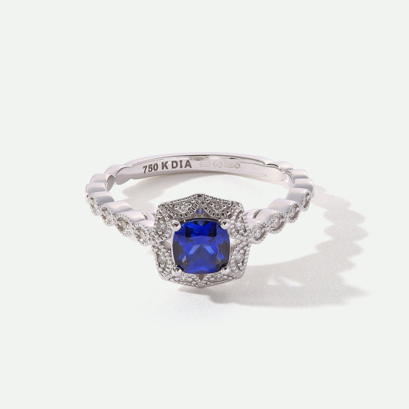 Vera | 18ct White Gold 0.12ct tw Lab Grown Diamond and Created Sapphire Vintage Ring
