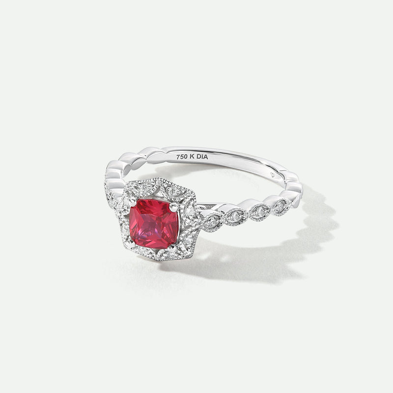 Harlow | 18ct White Gold 0.08ct tw Lab Grown Diamond and Created Ruby Vintage Ring