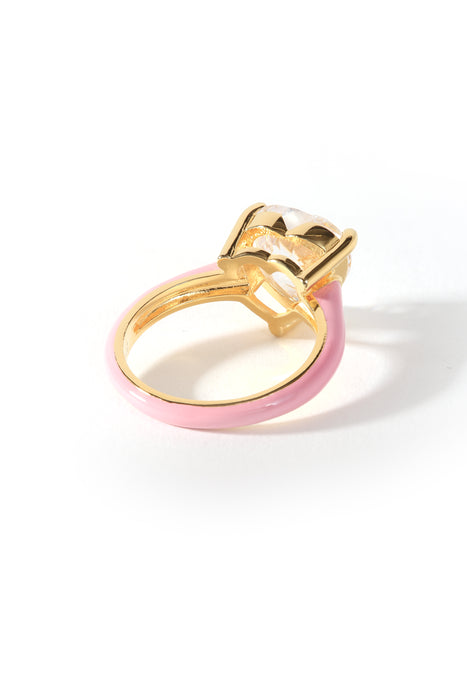 18ct Gold Plated Sterling Silver Pink Enamel & Cubic Zirconia Heart Ring