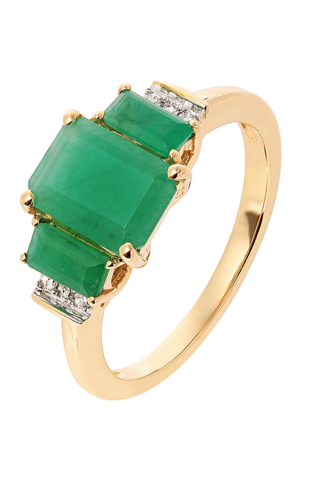 9ct Yellow Gold Emerald & Diamond Trilogy Ring