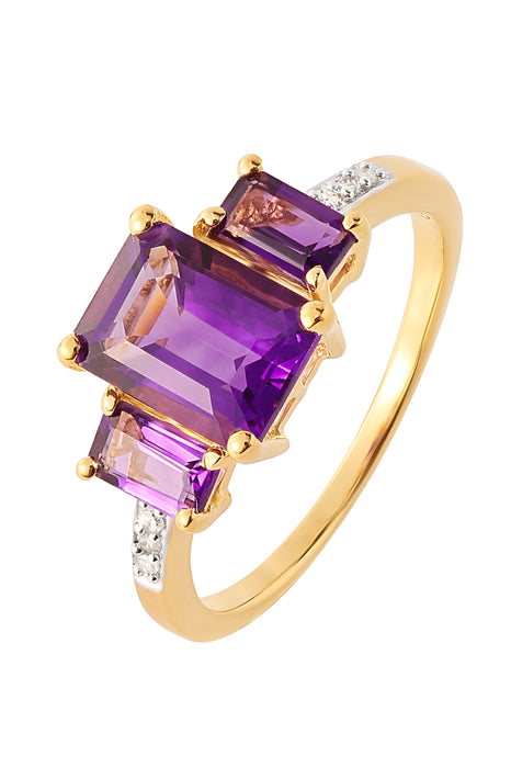 Sterling Silver Gold Plated Amethyst & Diamond Trilogy Ring