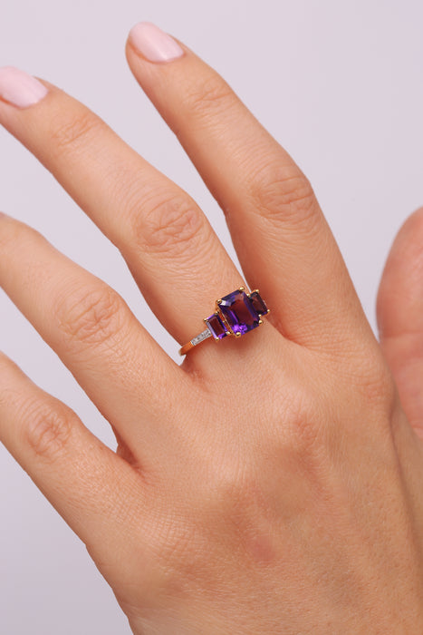 Sterling Silver Gold Plated Amethyst & Diamond Trilogy Ring