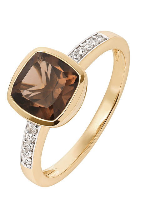 9ct Yellow Gold Smoky Quartz and Diamond Ring