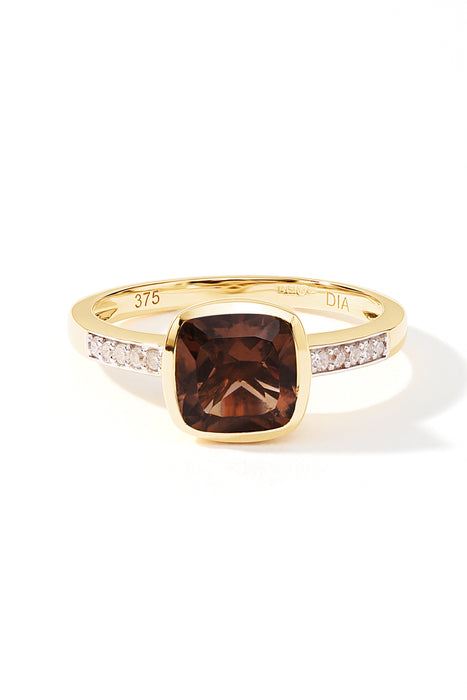 9ct Yellow Gold Smoky Quartz and Diamond Ring