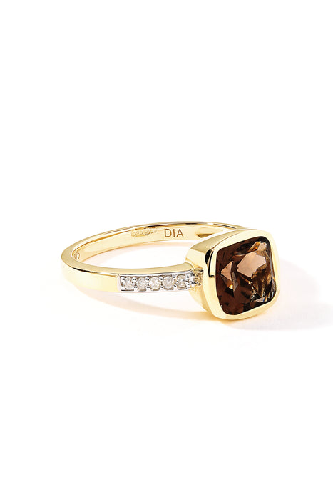 9ct Yellow Gold Smoky Quartz and Diamond Ring