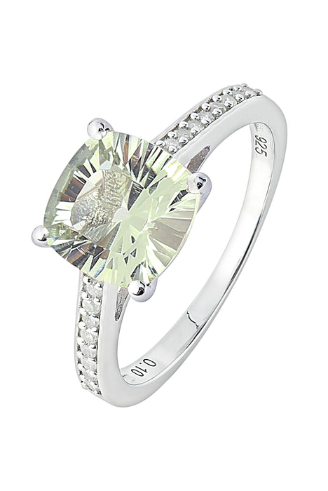 Sterling Silver Green Amethyst and 0.10ct Diamond Ring