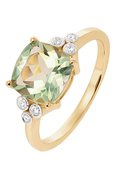 9ct Yellow Gold Green Amethyst and Diamond Ring