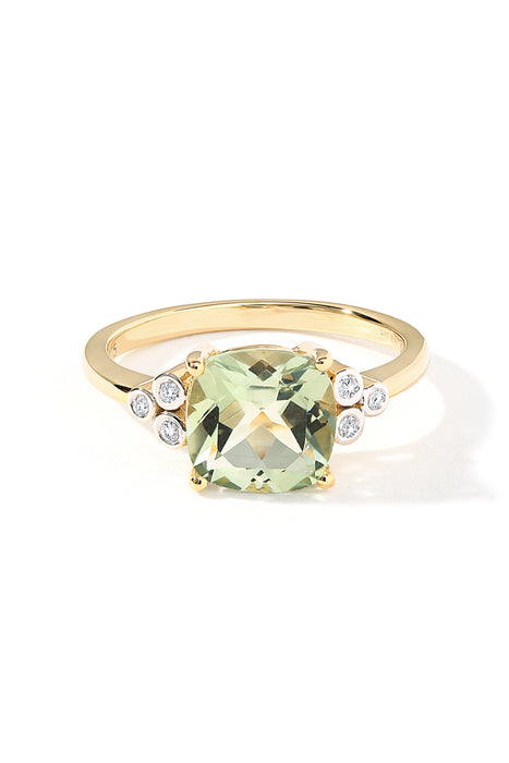 9ct Yellow Gold Green Amethyst and Diamond Ring