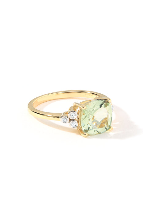 9ct Yellow Gold Green Amethyst and Diamond Ring