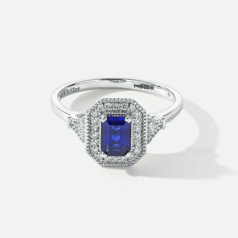 Vera - 18ct White Gold 0.12ct tw Lab Grown Diamond and Created Sapphire Vintage Ring - image 1