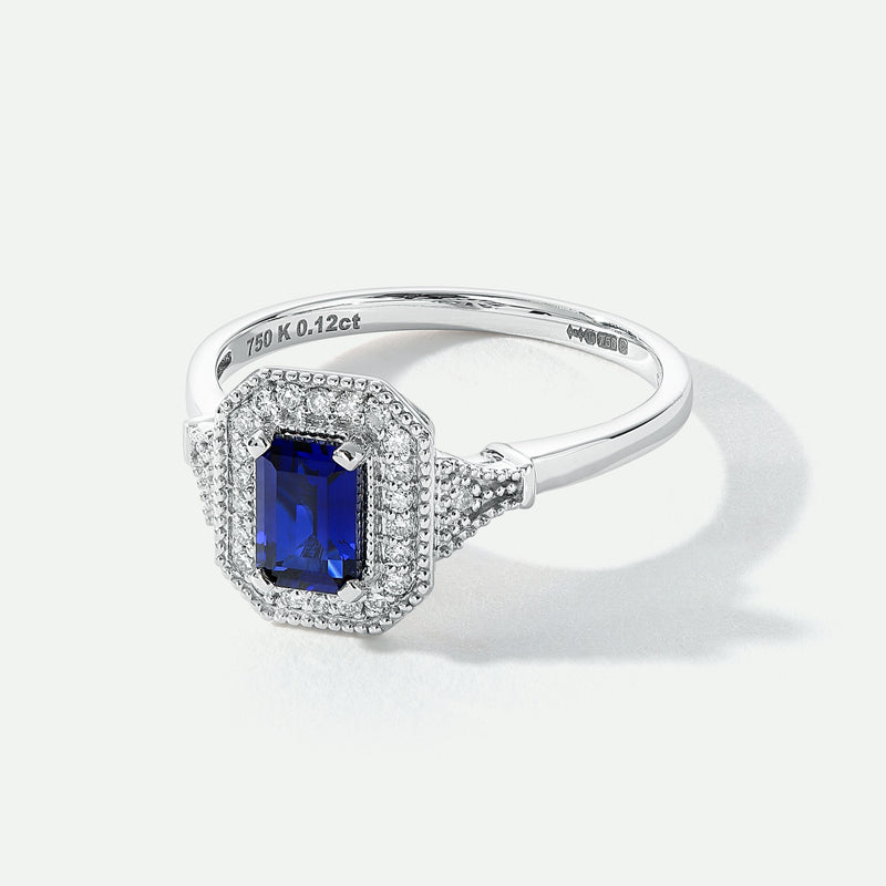 Vera - 18ct White Gold 0.12ct tw Lab Grown Diamond and Created Sapphire Vintage Ring - image 2
