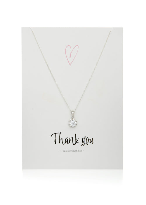 Sterling Silver  "Thank You" Greeting Card Cubic Zirconia Halo Pendant Necklace